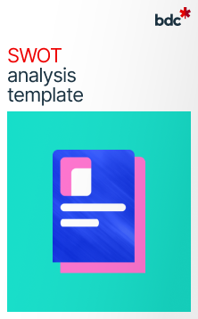 Illustration of a document in bright colors with text SWOT Analysis template
