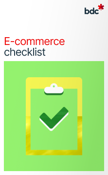 Illustration of a clipboard in bright colors with the text E-commerce checklist