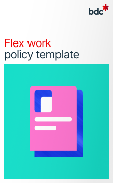 Illustration of a paper document in bright colors with text Flex work policy template