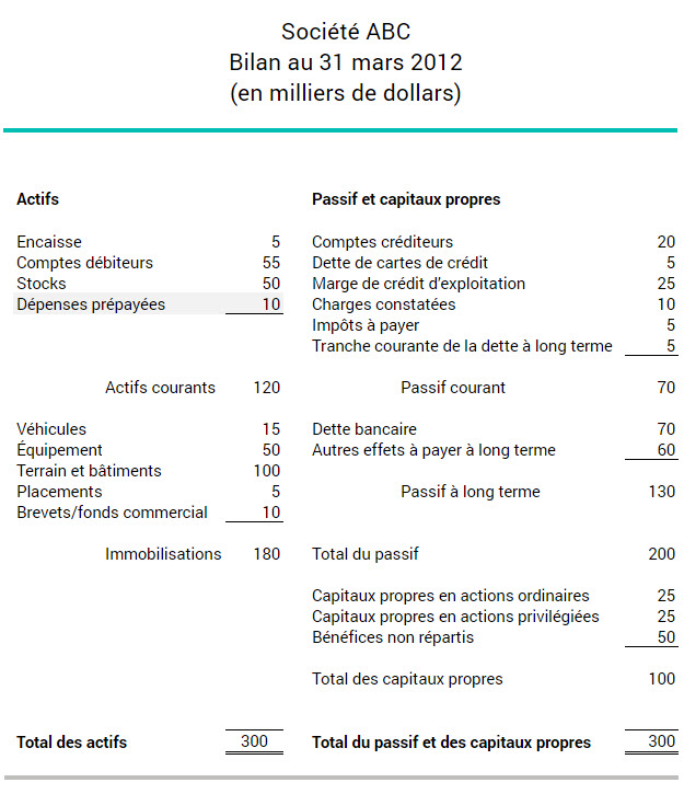 Balance sheet showing a company's prepaid expenses