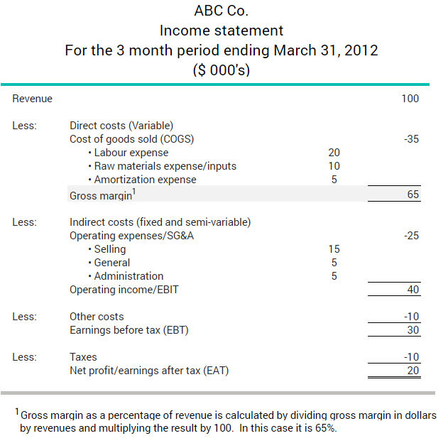 Example of a company's income statement showing the gross margin on their revenues