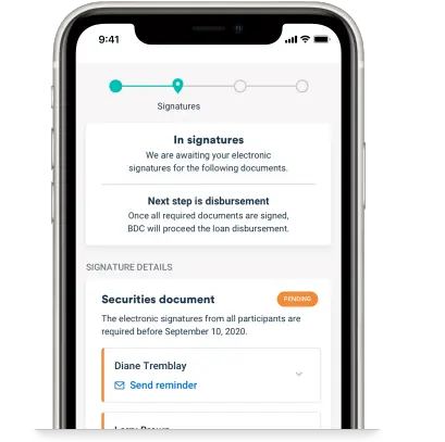 phone screening showing a financing request on the bdc app