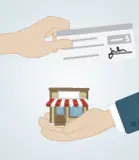 deux mains échangeant un chèque et une entreprise