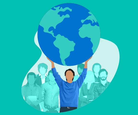 illustration d'un homme brandissant la planète Terre devant une foule