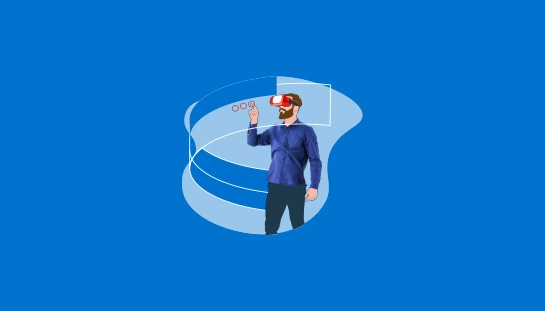 homme d'affaires portant un casque VR, appuyant sur les boutons en l'air