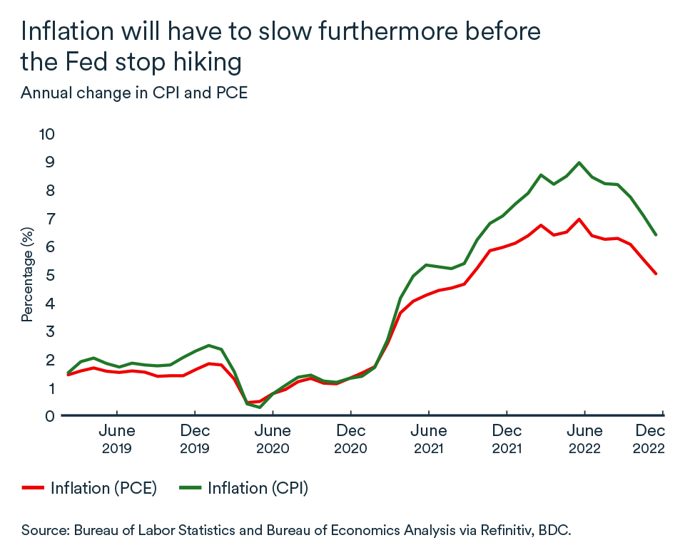 MEL February 2023 graph: United States change in CPI and PCE