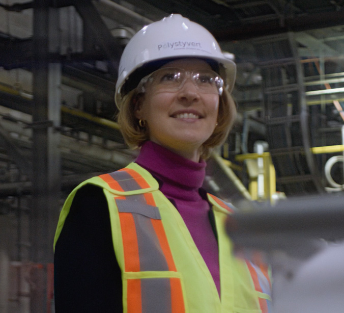 Solenne Brouard-Gaillot of Polystyvert wearing a white hard hat