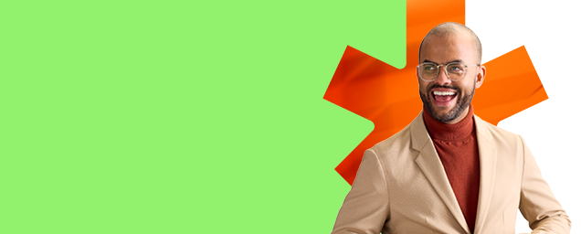 portrait of a male BDC employee in a dynamic pose on a green background and orange leaf