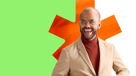 BDC employee in a dynamic pose on a green background and orange leaf