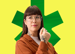 Brown hair woman with eyeglasses and brown vest