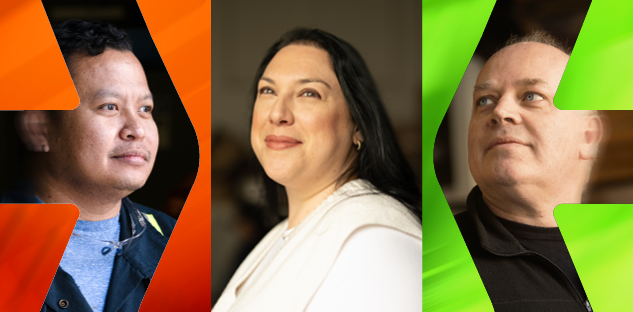 trio of people, 2 arrows, green et orange texture