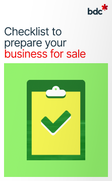 Illustration of a clipboard in bright colors with the text Checklist to prepare your business for sale