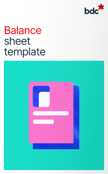 Illustration of a paper document in bright colors with text Balance sheet template