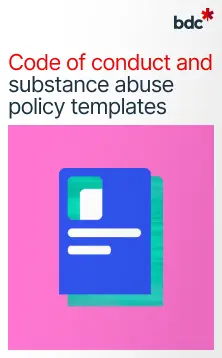 Illustration of a paper document in bright colors with text Code of conduct and zero tolerance policy template