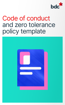 Illustration of a paper document in bright colors with text Code of conduct and zero tolerance policy template