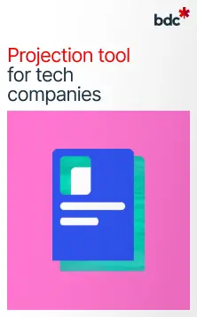 Illustration of a document in bright colors with the text Projection tool for tech companies