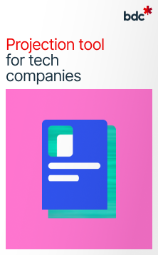 Illustration of a document in bright colors with the text Projection tool for tech companies