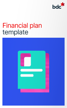 Illustration of a paper document in bright colors with text Financial plan template