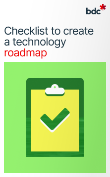 Illustration of a clipboard in bright colors with the text Checklist to create a technology roadmap