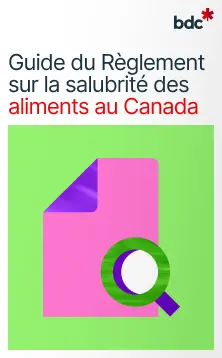 Illustration d'un document rose et d'une loupe avec le texte Guide du Règlement sur la salubrité des aliments au Canada