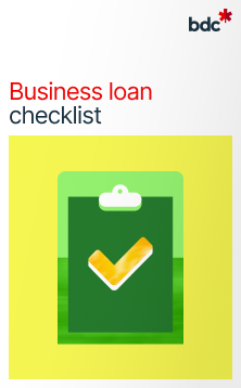 Illustration of a clipboard in bright colors with the text Business loan checklist