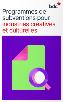 Illustration d'un document vert et d'une loupe avec le texte Programmes de financement pour industries créatives et culturelles