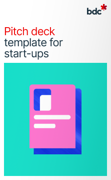Illustration of a paper document in bright colors with text Pitch deck template for start-ups