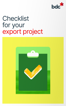 Illustration of a clipboard in bright colors with the text Checklist for your export project