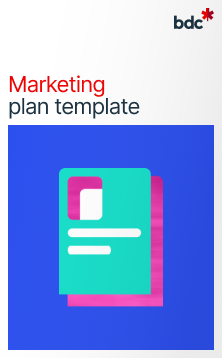 Illustration of a paper document in bright colors with text Marketing Plan Template