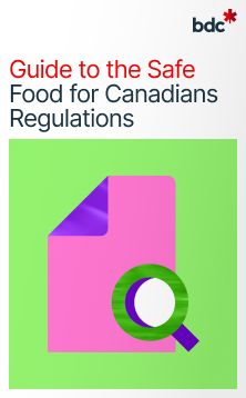 Illustration of a pink document and magnifying glass with the text Guide to the Safe Food for Canadians Regulations