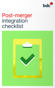 Illustration of a clipboard in bright colors with the text Post-merger integration checklist