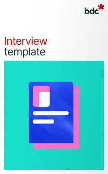 Illustration of a document in bright colors with the text Interview template