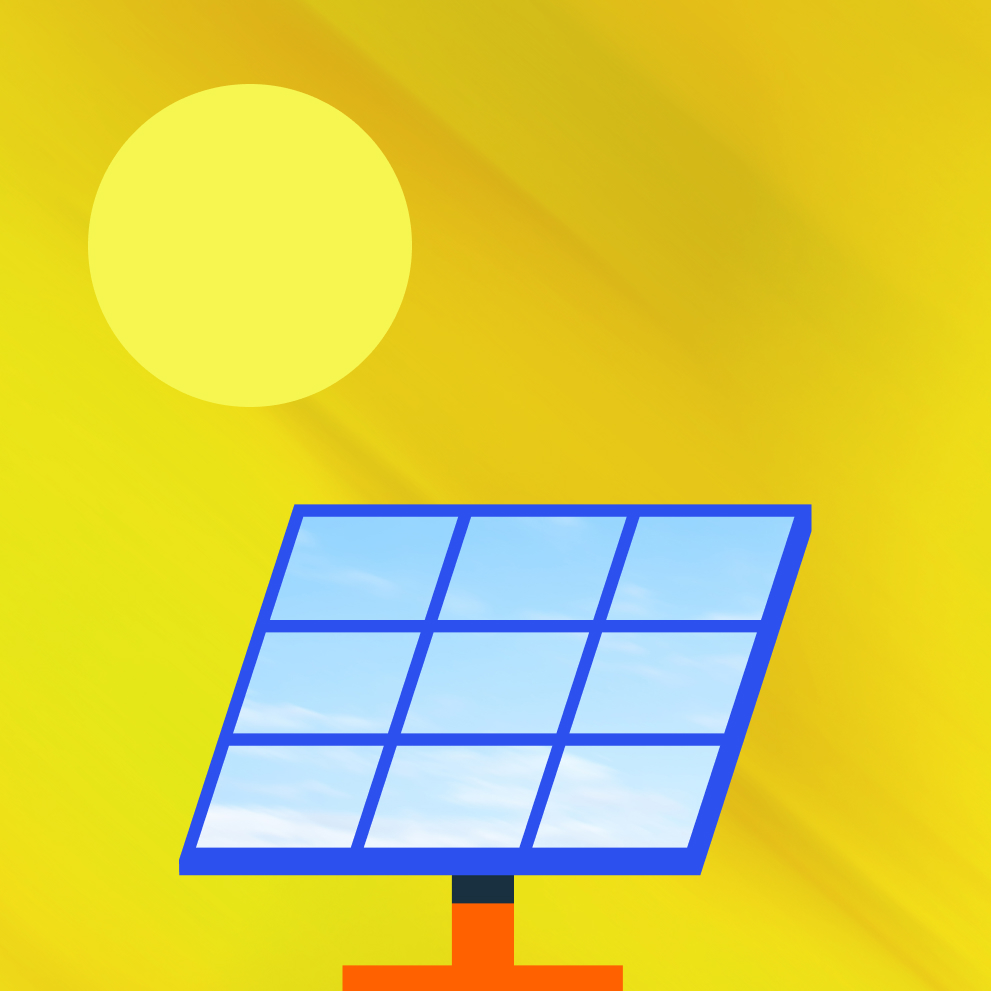 Illustration of a solar panel reflecting a blue sky with clouds