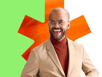 Employé de BDC dans une pose dynamique sur fond vert et feuille orange