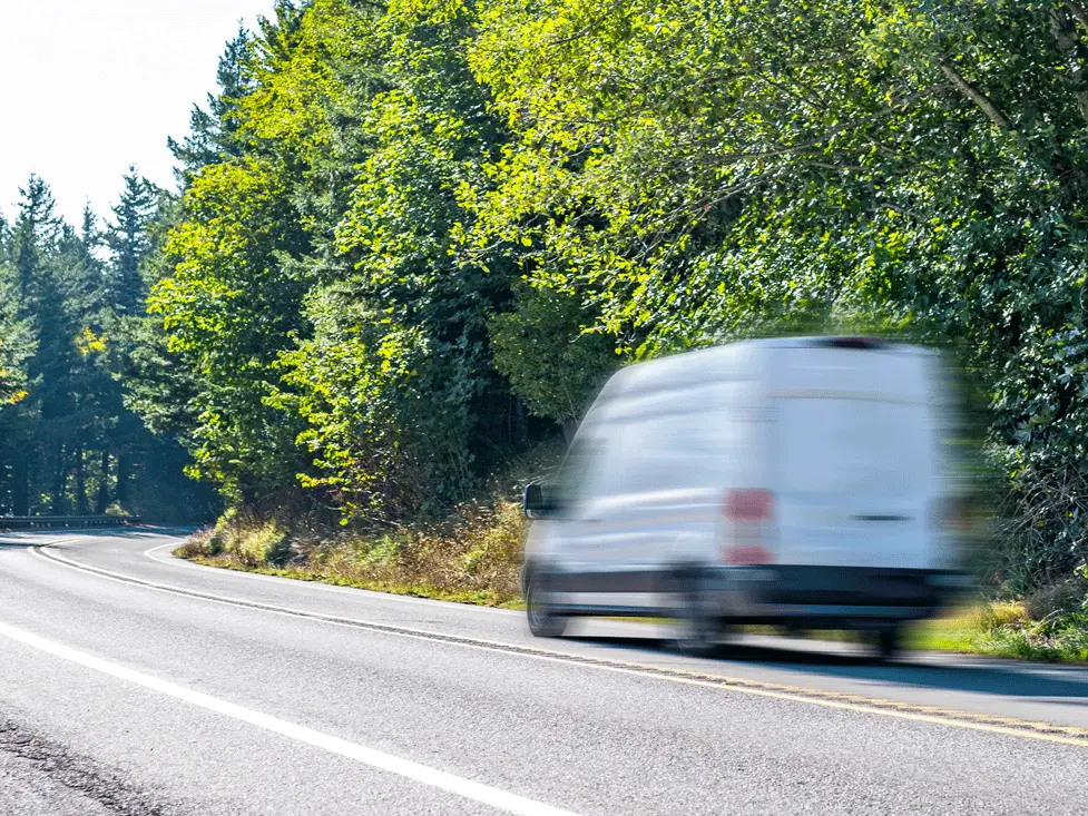 Fourgon blanc sur une route à côté d’une forêt
