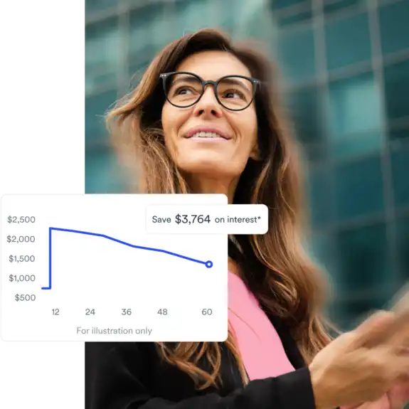 Businesswoman smiling using smartphone with graph