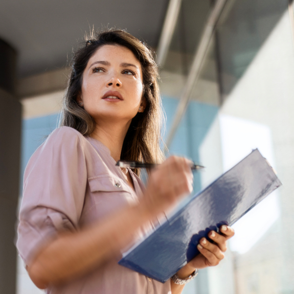 femme portant une blouse rose prend des notes à l'extérieur de son bureau