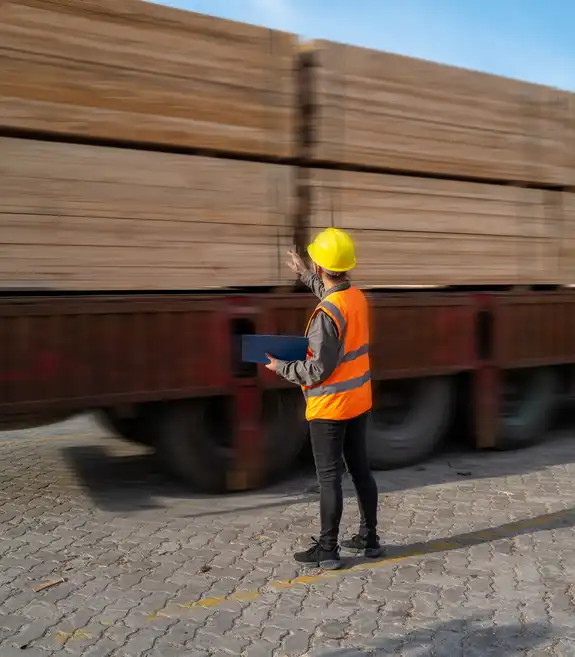 inspector counting the lumber on truck