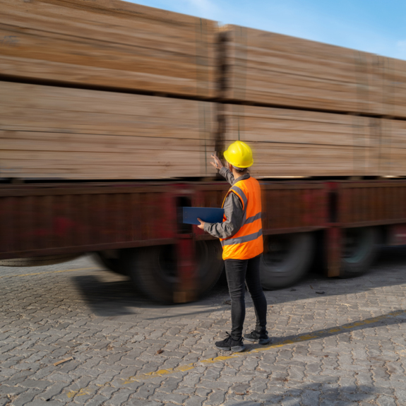 inspector counting the lumber on truck