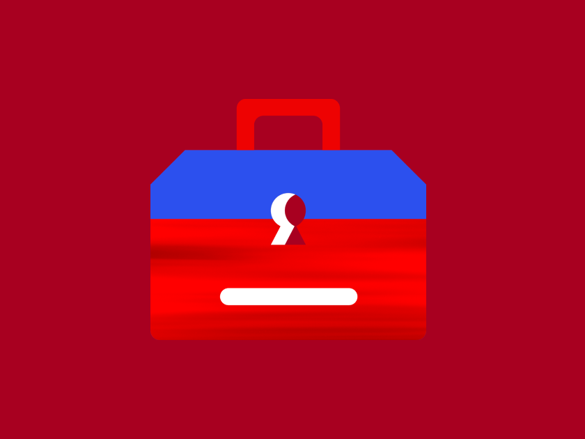 Illustration of a toolbox in bright red, blue and yellow